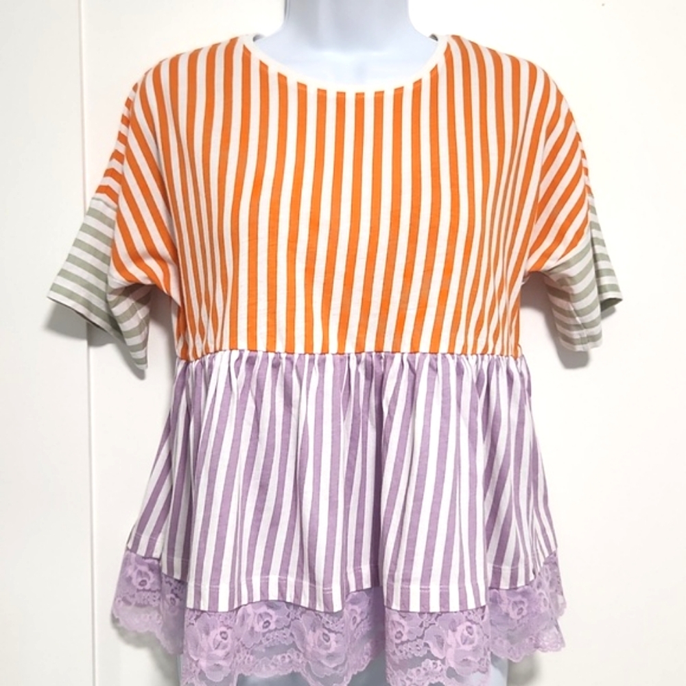 Noisy May Orange & Purple Stripe Peplum Top with Lace Trim